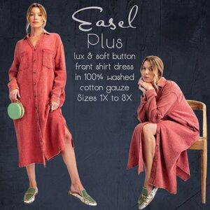 EASEL “Irresistible” Lux Mineral Washed Buttoned Relaxed Fit Shirt Dress Pockets